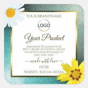 Floral Teal Blue Glitter White Product Labels Logo