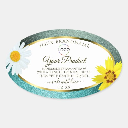 Floral Teal Blue Glitter White Product Labels Logo