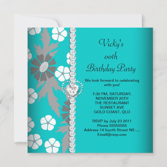 Floral Teal Blue Gray White Birthday Party Invitation (Front)