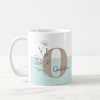 Floral Teal Bold Monogram Name Coffee Mug