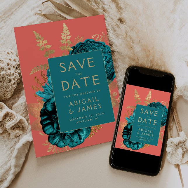 Floral Teal Coral Gold Wedding Save the Date Invitation (Creator Uploaded)