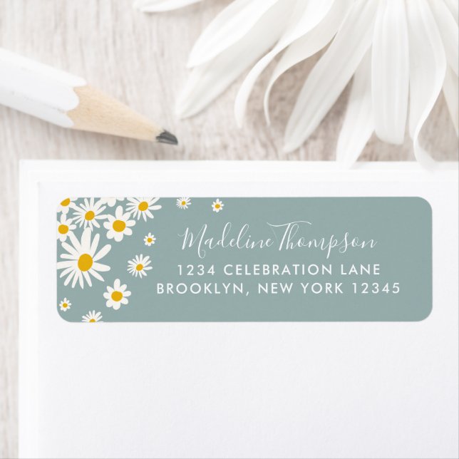 Floral Teal Daisy Flower Elegant Script Label (Insitu)