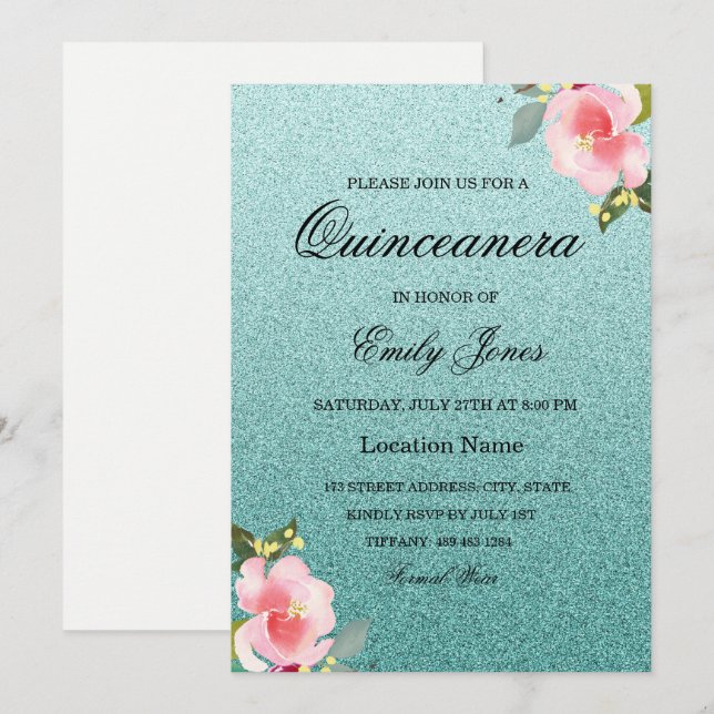 Floral Teal faux glitter Quinceanera Invitation (Front/Back)