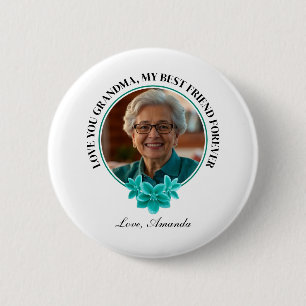 Floral Teal Frame Grandkid to Grandma Photo Button