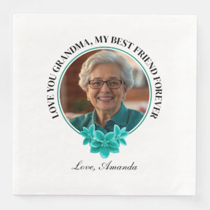 Floral Teal Frame Grandkid to Grandma Photo Paper Dinner Napkins