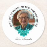 Floral Teal Frame Grandkid to Grandma Photo Round Paper Coaster<br><div class="desc">A beautiful design featuring a custom photo surrounded by a teal frame,  accented with delicate teal flowers and a heartfelt love phrase from a grandkid. Perfect for Mother's Day gifts for grandma,  thoughtful gift suggestions for grandma,  or personalized gifts that she'll cherish forever.</div>