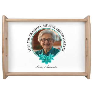 Floral Teal Frame Grandkid to Grandma Photo Serving Tray