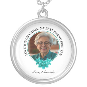 Floral Teal Frame Grandkid to Grandma Photo Silver Plated Necklace