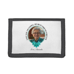 Floral Teal Frame Grandkid to Grandma Photo Tri-fold Wallet