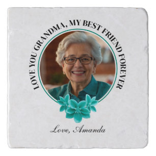 Floral Teal Frame Grandkid to Grandma Photo Trivet
