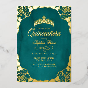 Floral Teal Gold Crown Quinceanera Foil Invitation