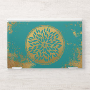 Floral Teal-Gold Mandala on Grunge Gold HP Laptop Skin