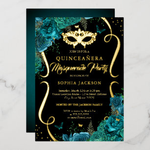Floral Teal Gold Scroll Masquerade Quinceanera Foil Invitation
