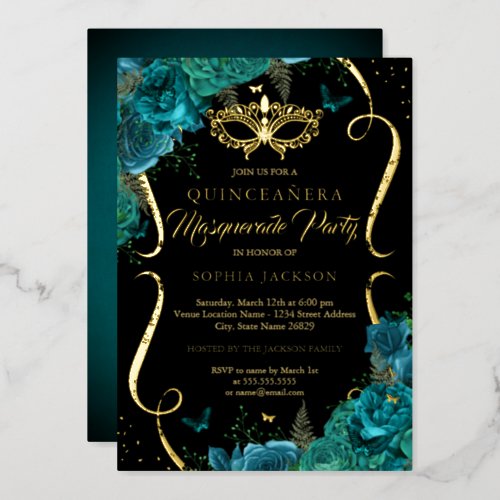 Floral Teal Gold Scroll Masquerade Quinceanera Foil Invitation