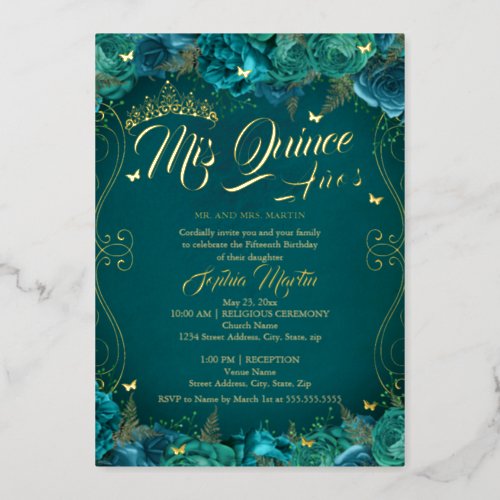 Floral Teal Gold Scroll Mis Quince Quinceanera  Foil Invitation