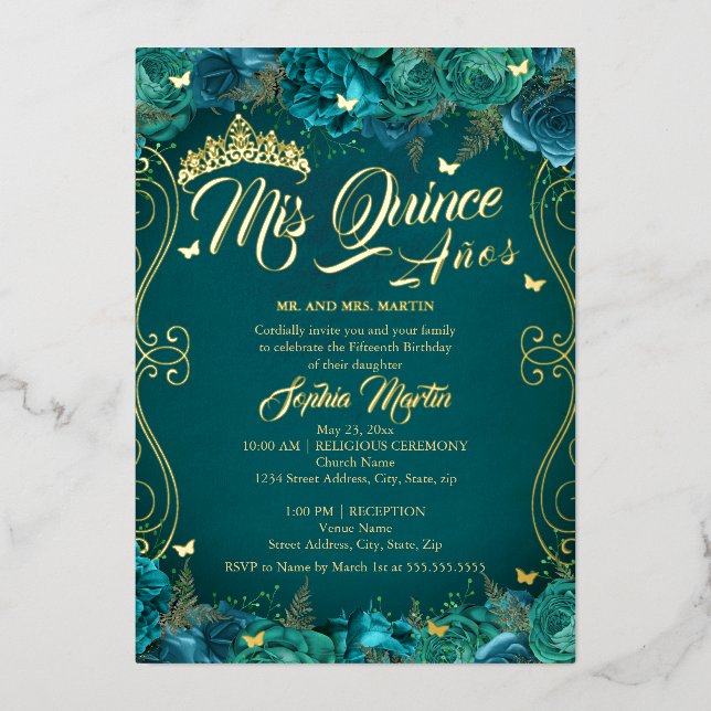 Floral Teal Gold Scroll Mis Quince Quinceanera  Foil Invitation (Front)