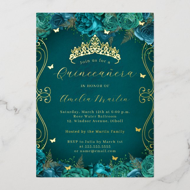 Floral Teal Gold Scroll Quinceanera  Foil Invitation (Front)