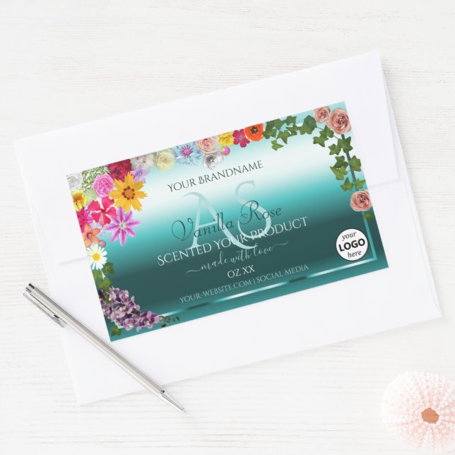 Floral Teal Gradient Product Labels Monogram Logo (Envelope)