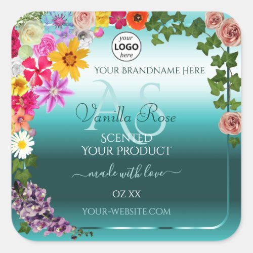 Floral Teal Gradient Product Labels Monogram Logo