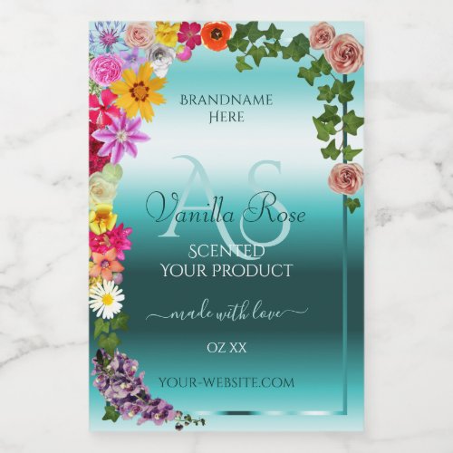 Floral Teal Gradient Product Labels with Monogram