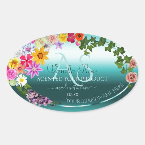 Floral Teal Gradient Product Labels with Monogram