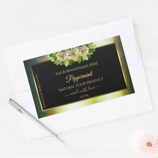 Floral Teal Green Marble Black Product Label Roses (Envelope)