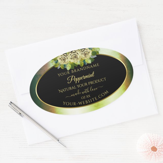 Floral Teal Green Marble Black Product Label Roses (Envelope)
