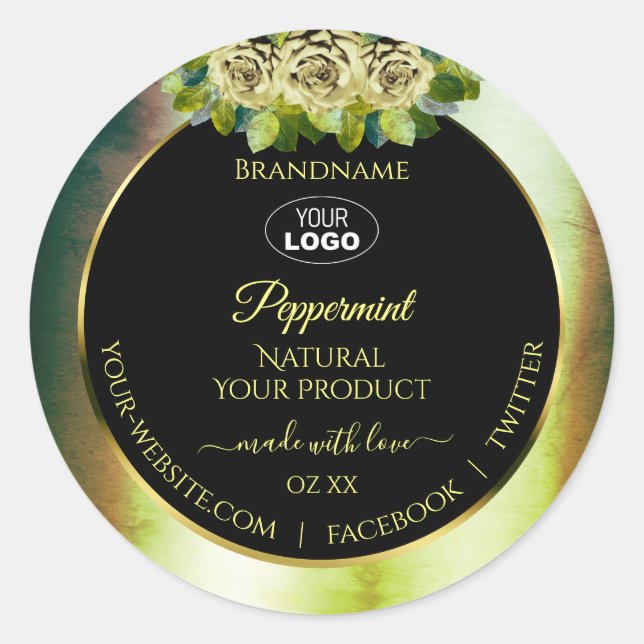 Floral Teal Green Marble Black Product Labels Logo (Front)