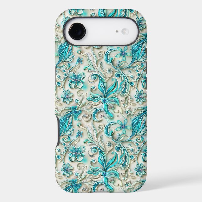 Floral teal leaf pattern  iPhone case (Back)