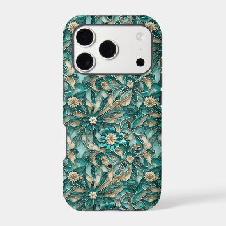 Floral teal leaf pattern iPhone 17 pro case