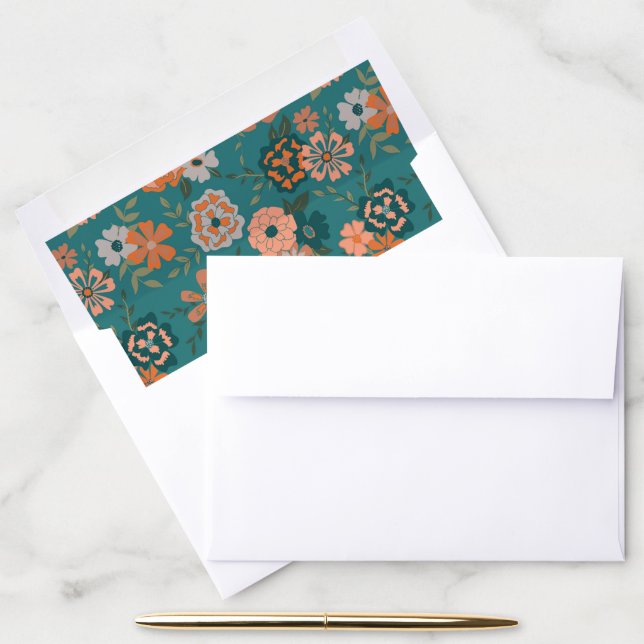 Floral  Teal Orange Botanical Stationery Envelope Liner (Desk)