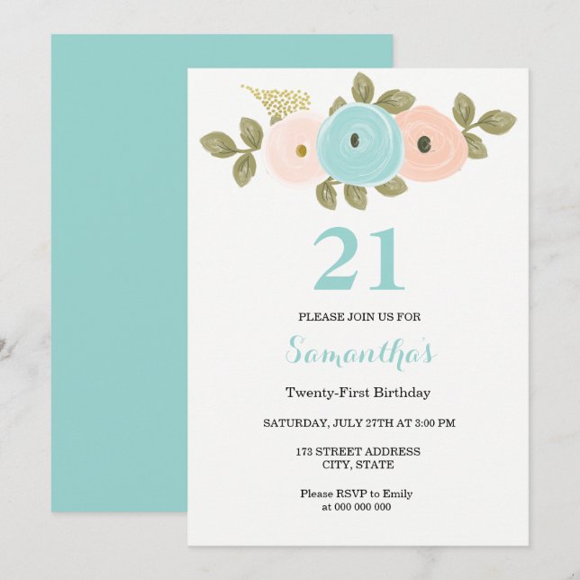 Floral Teal & Peach 21st Birthday Party Invitation (Front/Back)