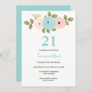 Floral Teal & Peach 21st Birthday Party Invitation