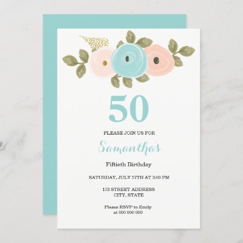 Floral Teal  Peach 50th Birthday Party Invitation