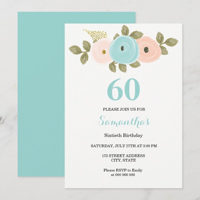Floral Teal & Peach 60th Birthday Party Invitation (Front/Back)