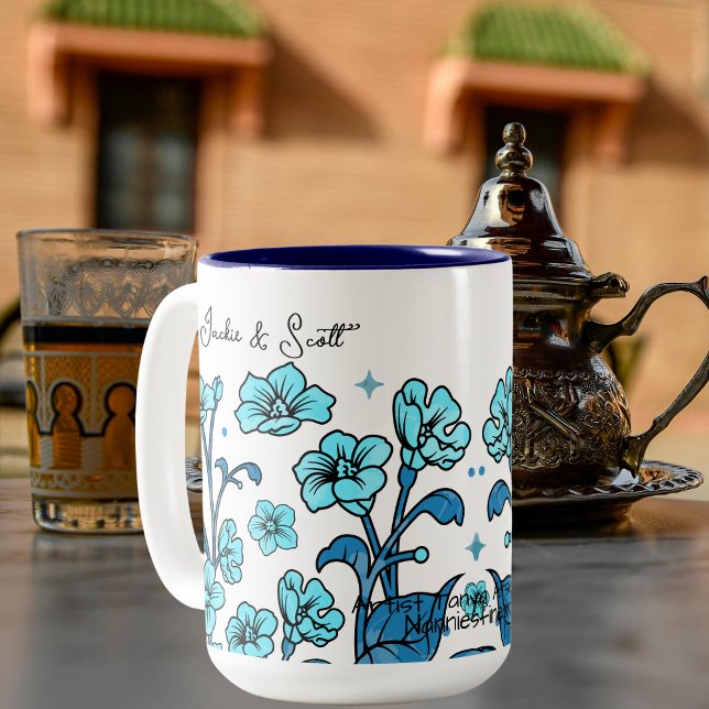 Floral Teal Personalize Two-Tone Coffee Mug (Creator Uploaded)