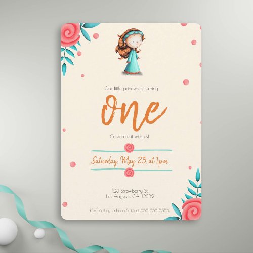 Floral Teal Pink Red Hair Girl First Birthday Invitation