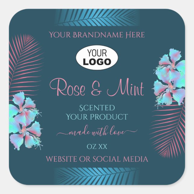 Floral Teal Product Labels Pink Palm Leaves Logo (Front)