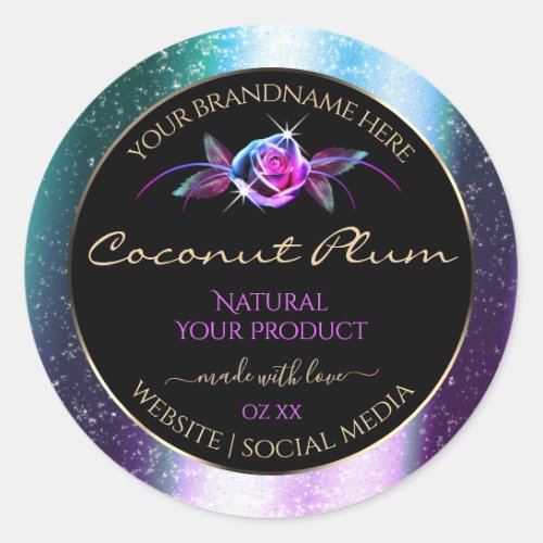 Floral Teal Purple Glitter Black Product Labels