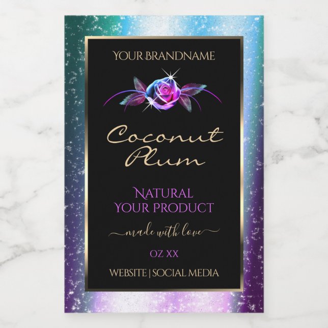 Floral Teal Purple Glitter Black Product Labels (Single Label)