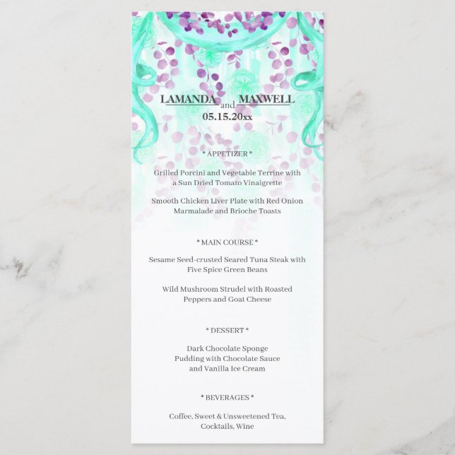 Floral Teal Ribbon Handfasting Wedding Menu (Front)