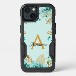 Floral Teal Roses and Gold Foil Monogram iPhone 13 Case