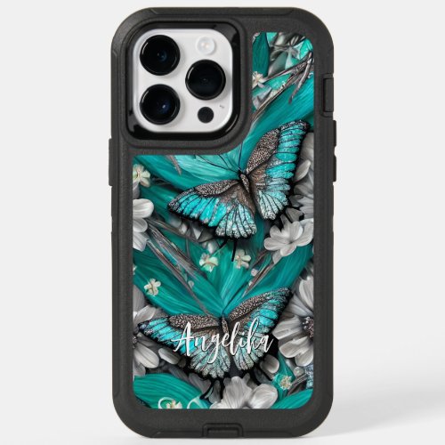 Floral Teal Silver Butterflies Personalized Name OtterBox iPhone 14 Pro Max Case