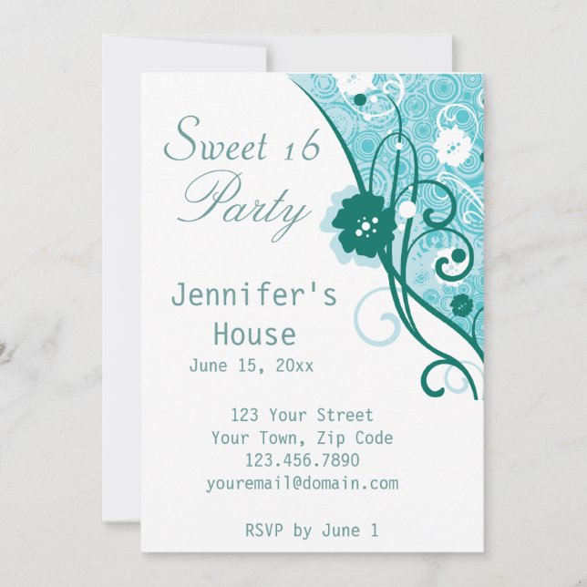 Floral Teal - Sweet 16 Party Invitation (Front)