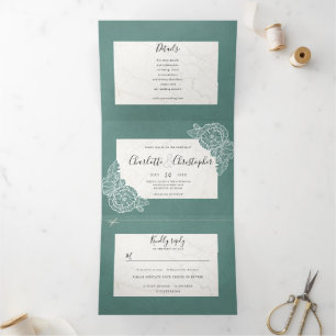 floral teal textured tri-fold all in one wedding invitation