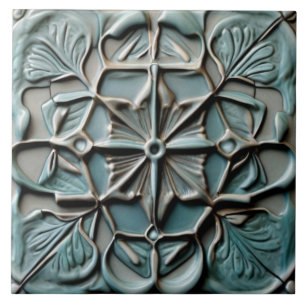 Floral Teal Turquoise Faux Relief Flower Cross Ceramic Tile