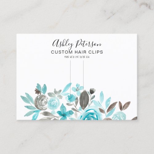Floral teal watercolor hair clip barrette display business card