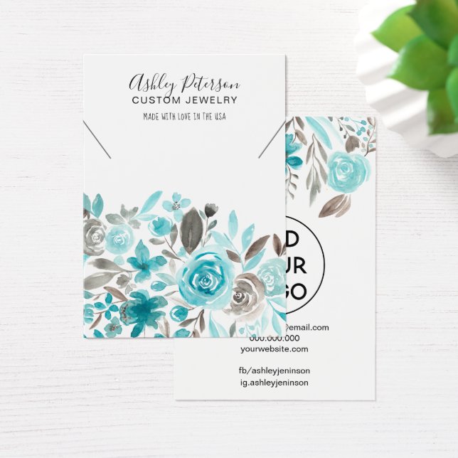 Floral teal watercolor jewelry necklace display (Desk)