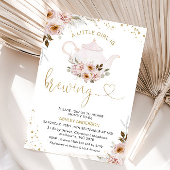 Floral Teapot A Little Girl Is Brewing Baby Shower Invitation by figtreedesign at Zazzle