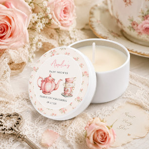 Floral Teapot and Tea Cups Pink Baby Shower Mini Candle Favors